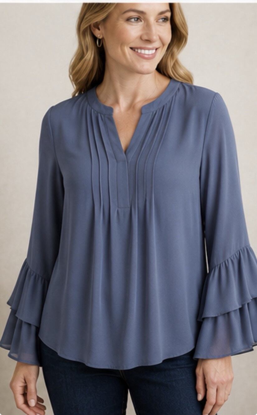 Charter Club Womens L Blue Pintuck Ruffle Sleeve Blouse Long Sleeve Tunic